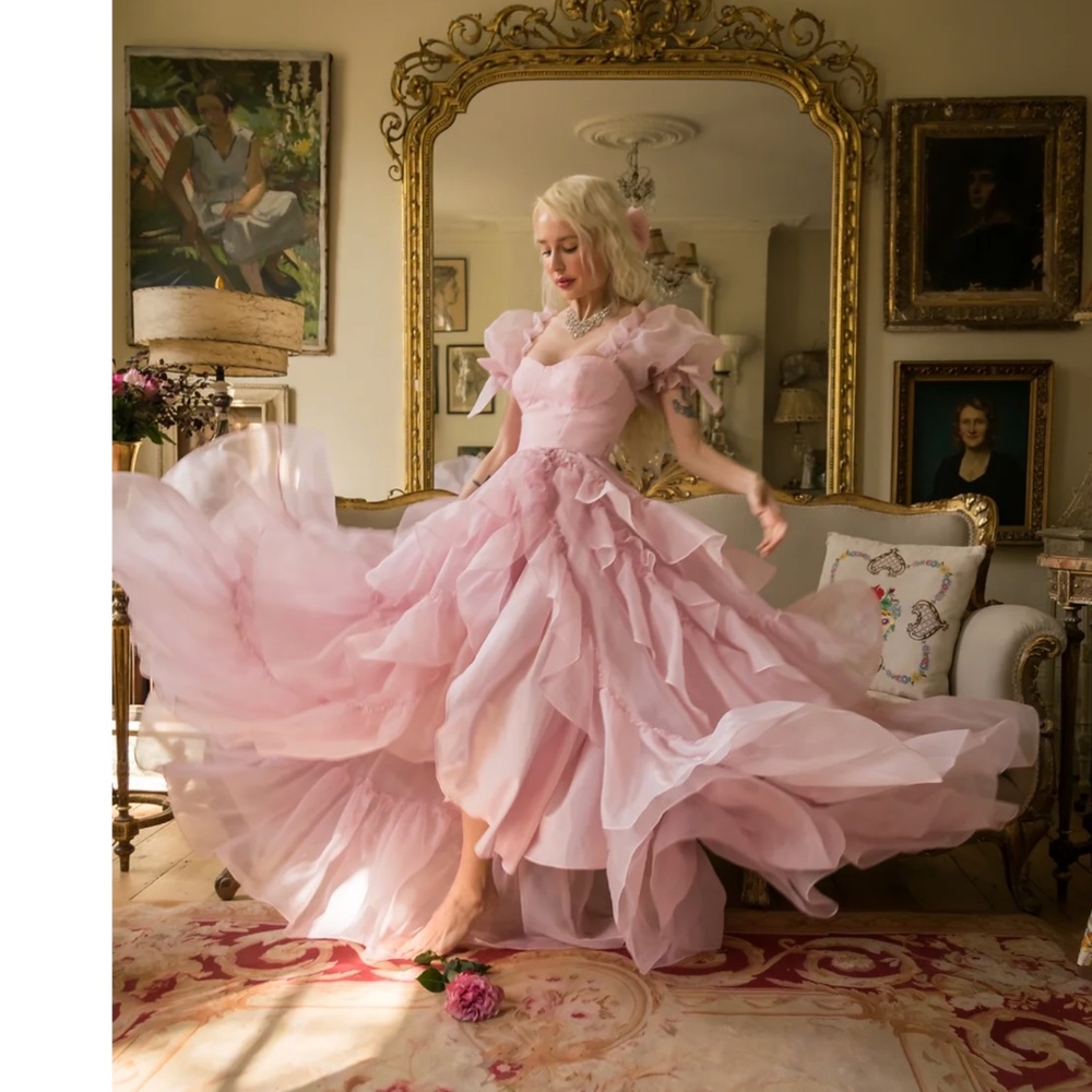 NWT Pink Mademoiselle Ruffle Layered Gown Maxi Dress Wedding Engagement Dress -L